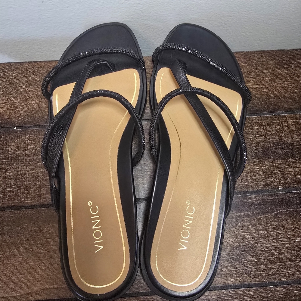Vionic Womens Prism Sandal Black 9 Rhinestone Gem Sparkle Leather Strappy - Picture 10 of 13